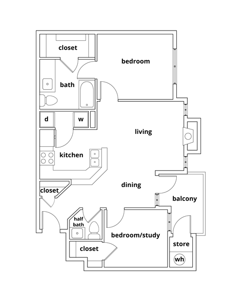 Lily floor plan 2 bedroom 1.5 bathroom 928 square feet at Lincoln at Wolfchase, Cordova Tennessee 